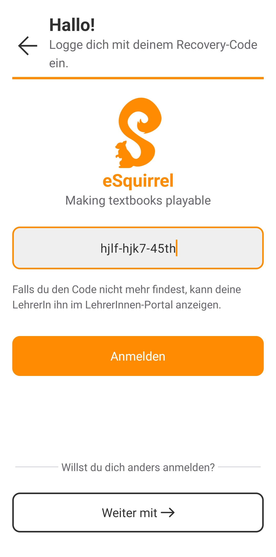Recovery Code eingeben